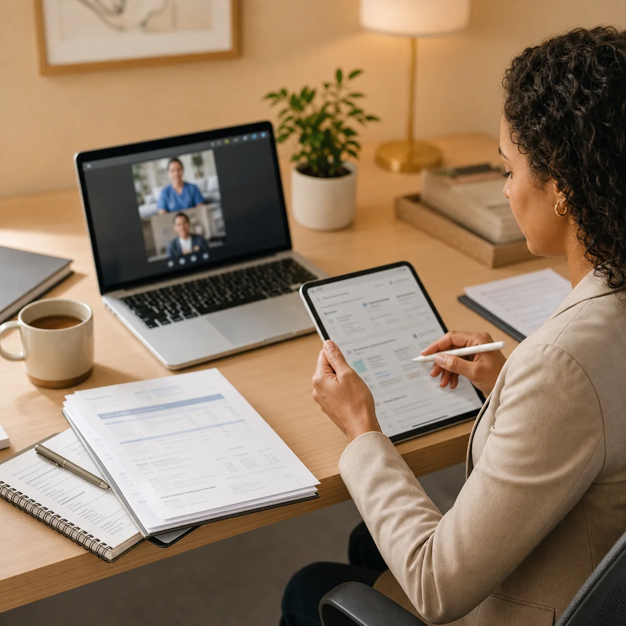Staffing recruiter reviewing nurse application context during a video conversation