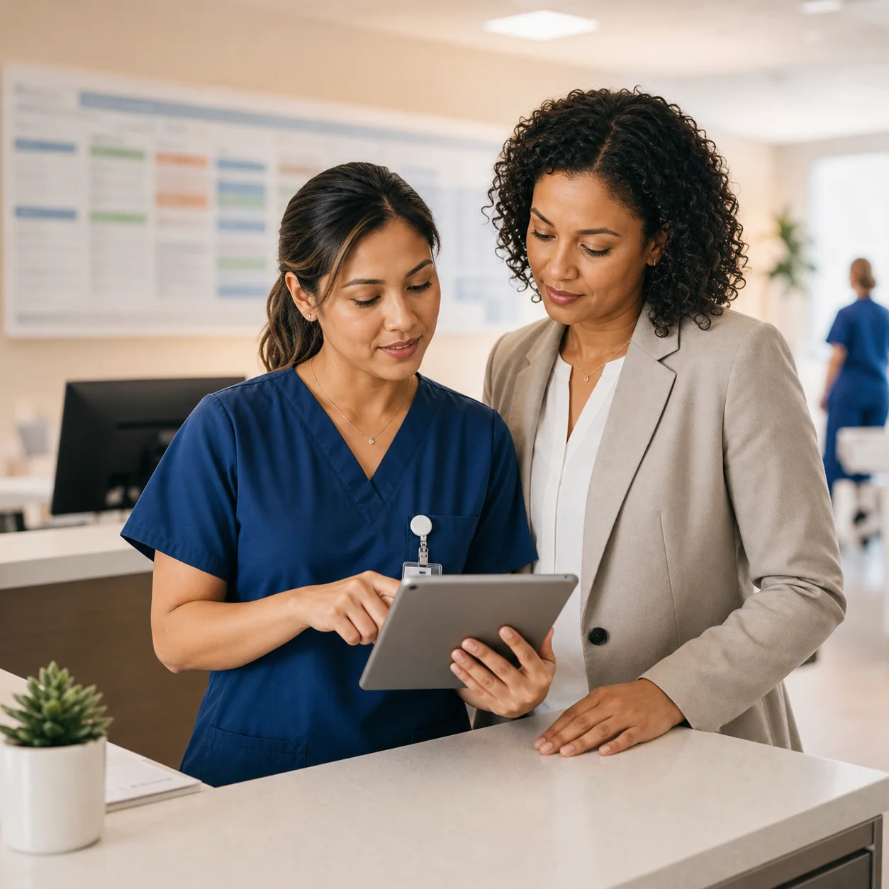 Nurse and staffing coordinator reviewing a facility coverage request together