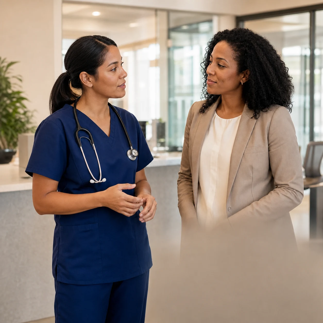 Nurse and staffing recruiter discussing a role together in a bright clinical office