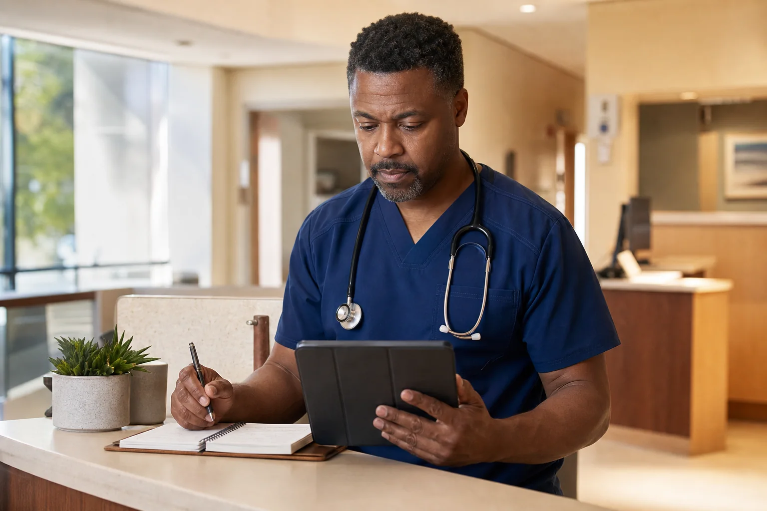 Registered nurse comparing nursing opportunities on a tablet at a hospital desk