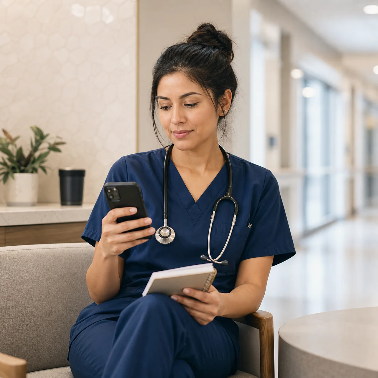 Travel nurse reviewing role preferences on her phone with a notebook nearby